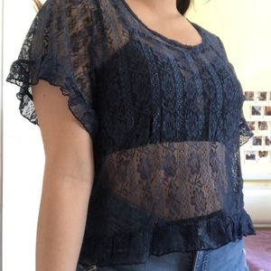 Blue Mesh Crop Blouse
